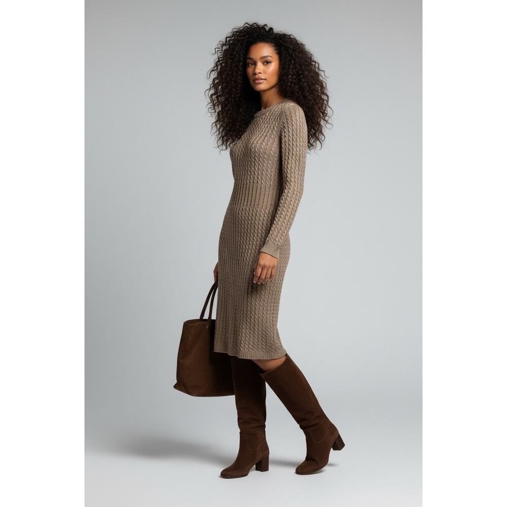 Calvin Klein Khaki Beige M Acrylic Pleated Cable Knit Women's Sweater Dress